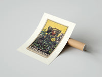 Rolled King of Pentacles tarot figure poster beside its crush-resistant kraft shipping tube