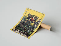 Gently curled King of Pentacles print beside its protective shipping tube