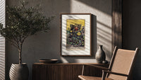 King of Pentacles tarot figure poster framed above a fluted sideboard beside an olive tree