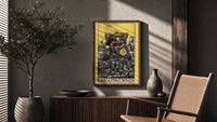 King of Pentacles poster framed above a fluted sideboard beside a potted tree