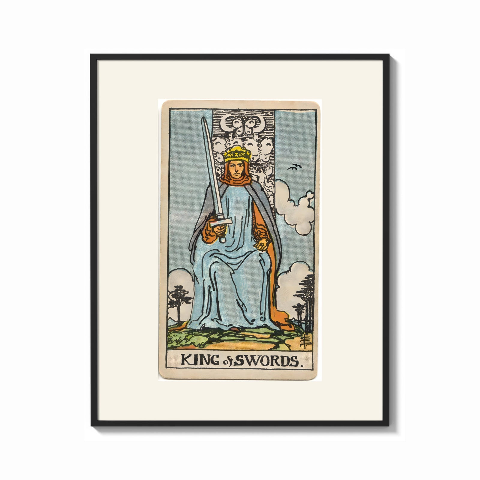 Framed King of Swords tarot figure print shown as a bold statement piece on a clean gallery wall