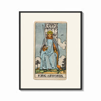 Framed King of Swords tarot figure print shown as a bold statement piece on a clean gallery wall