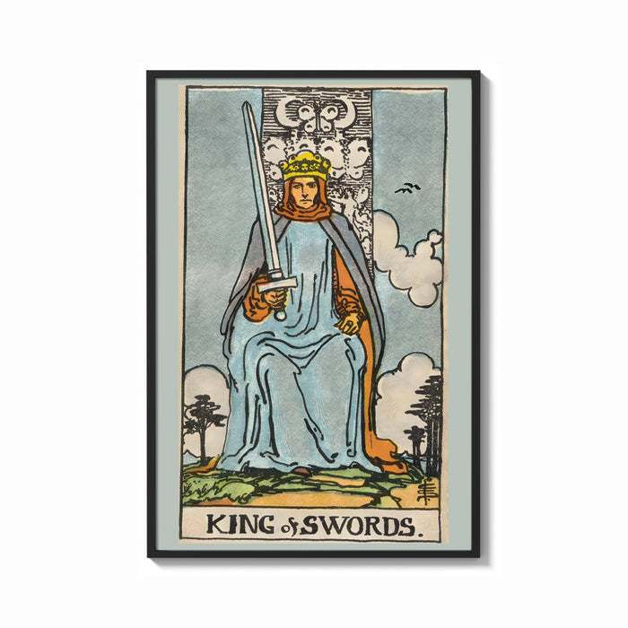 Framed King of Swords print shown as a bold statement piece on a clean gallery wall