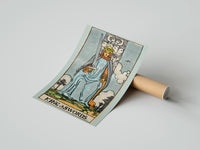 Gently curled King of Swords print beside its protective shipping tube