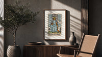 King of Swords tarot figure poster framed above a fluted sideboard beside an olive tree