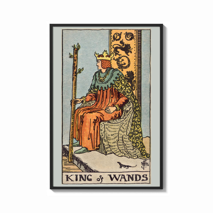 Framed King of Wands print shown as a bold statement piece on a clean gallery wall