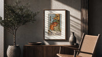 King seated on throne with staff poster framed above a fluted sideboard beside an olive tree