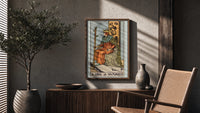 King of Wands poster framed above a fluted sideboard beside a potted tree