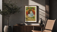 Kitten Wishing You a Merry Christmas poster framed above a fluted sideboard beside a potted tree