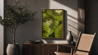 Kiwi Fruit Slices poster framed above a fluted sideboard beside a potted tree