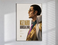 Man in profile with sunglasses poster in a slim frame on a bright wall with soft window light