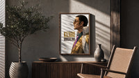 Man in profile with sunglasses poster framed above a fluted sideboard beside an olive tree