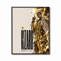 Framed Man in gold striped suit pointing up print shown as a bold statement piece on a clean gallery wall