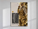 Man in gold striped suit pointing up poster in a slim frame on a bright wall with soft window light