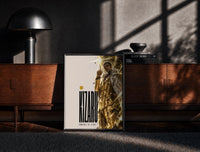 Black-framed Man in gold striped suit pointing up print on a moody console with designer coffee-table books