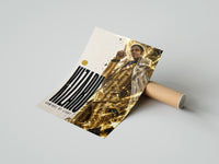 Rolled Man in gold striped suit pointing up poster beside its crush-resistant kraft shipping tube