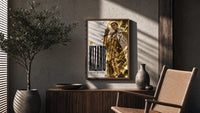 Man in gold striped suit pointing up poster framed above a fluted sideboard beside an olive tree