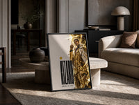 Man in gold striped suit pointing up print in a black frame leaning on a travertine table in a sunlit lounge