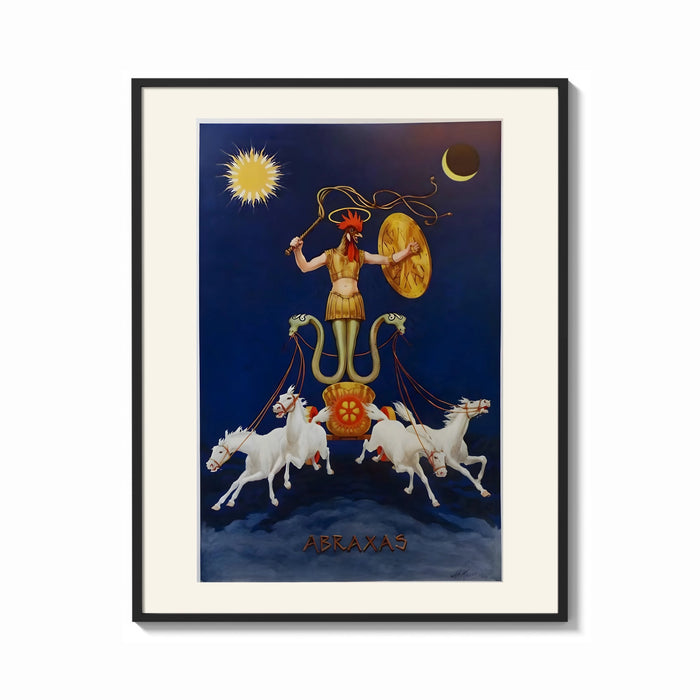 Framed Rooster-headed Abraxas deity on chariot print shown as a bold statement piece on a clean gallery wall