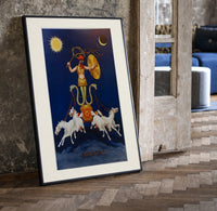 Rooster-headed Abraxas deity on chariot print in a black frame leaning beside a vintage door on parquet