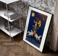 Rooster-headed Abraxas deity on chariot poster in a black frame leaning beside a shelf in a raw-plaster loft