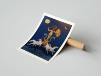 Rolled Rooster-headed Abraxas deity on chariot poster beside its crush-resistant kraft shipping tube