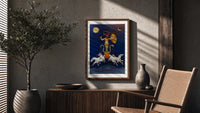 Rooster-headed Abraxas deity on chariot poster framed above a fluted sideboard beside an olive tree