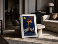 Rooster-headed Abraxas deity on chariot print in a black frame leaning on a travertine table in a sunlit lounge