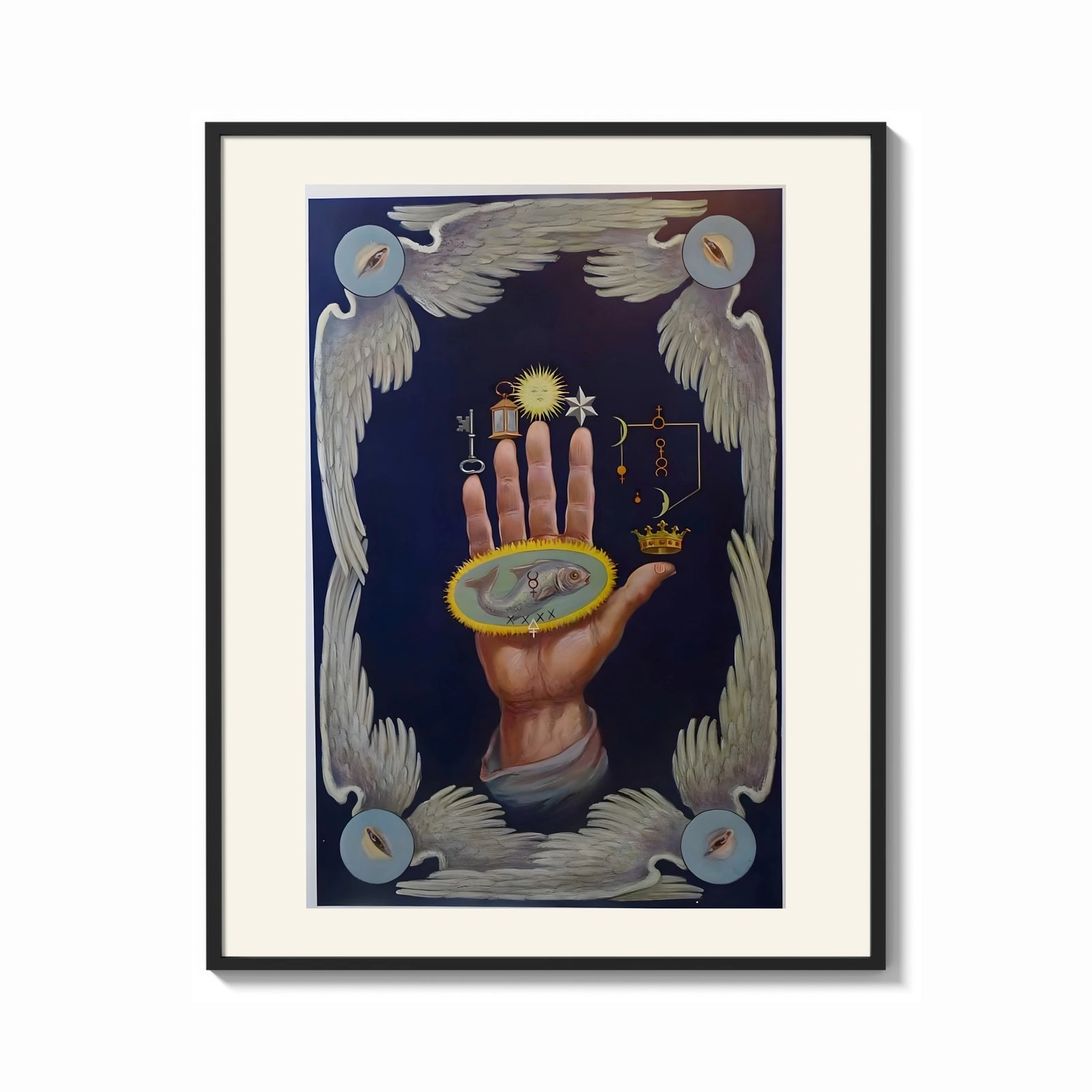 Framed Upraised hand with alchemical symbols print shown as a bold statement piece on a clean gallery wall