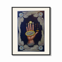 Framed Upraised hand with alchemical symbols print shown as a bold statement piece on a clean gallery wall