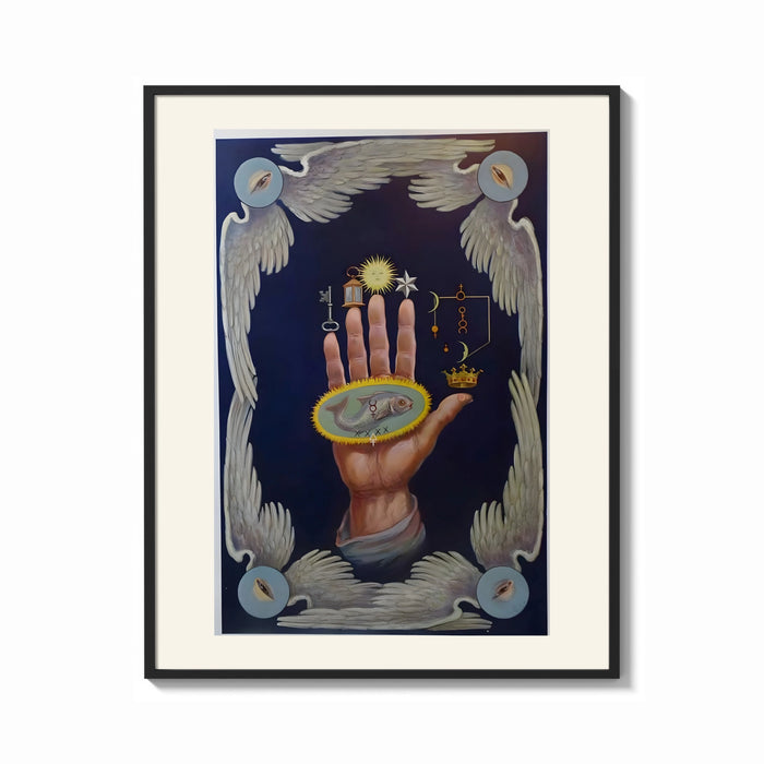 Framed Upraised hand with alchemical symbols print shown as a bold statement piece on a clean gallery wall