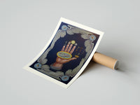 Rolled Upraised hand with alchemical symbols poster beside its crush-resistant kraft shipping tube