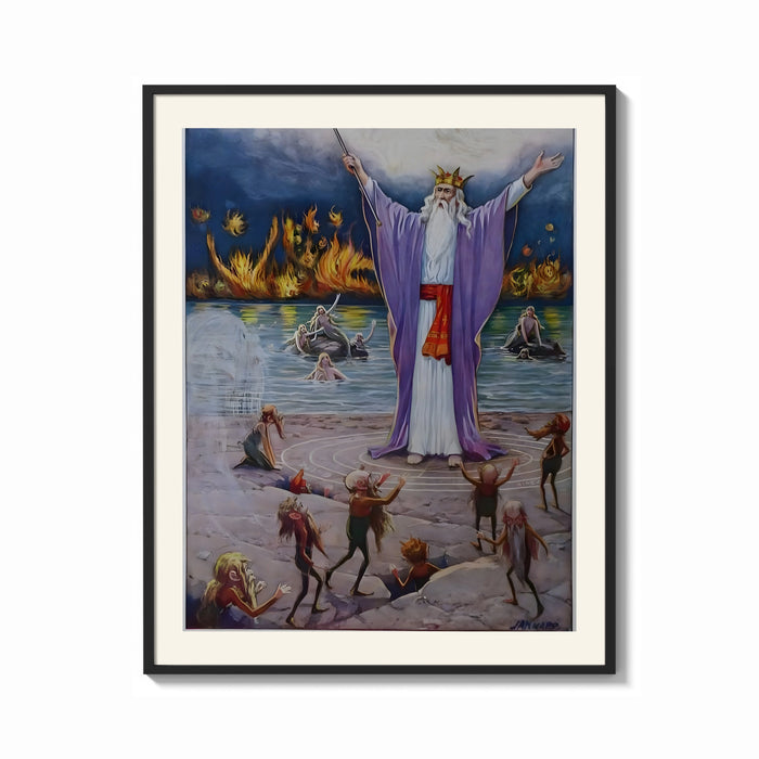 Framed Robed magician invoking spirits print shown as a bold statement piece on a clean gallery wall