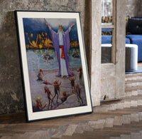 Robed magician invoking spirits print in a black frame leaning beside a vintage door on parquet