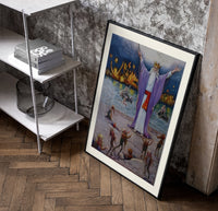 Robed magician invoking spirits poster in a black frame leaning beside a shelf in a raw-plaster loft