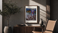 Robed magician invoking spirits poster framed above a fluted sideboard beside an olive tree