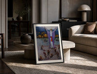 Robed magician invoking spirits print in a black frame leaning on a travertine table in a sunlit lounge