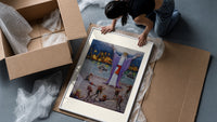 Robed magician invoking spirits framed print being unpacked from protective bubble wrap and a box