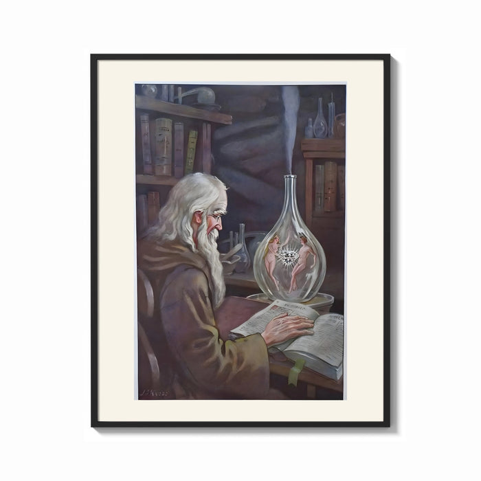 Framed Old alchemist reading book with flask print shown as a bold statement piece on a clean gallery wall