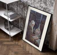 Old alchemist reading book with flask poster in a black frame leaning beside a shelf in a raw-plaster loft