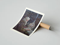 Rolled Old alchemist reading book with flask poster beside its crush-resistant kraft shipping tube