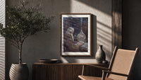 Old alchemist reading book with flask poster framed above a fluted sideboard beside an olive tree