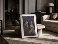 Old alchemist reading book with flask print in a black frame leaning on a travertine table in a sunlit lounge