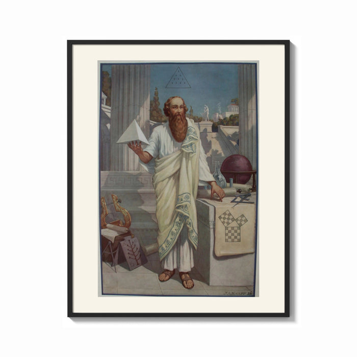 Framed Ancient Greek philosopher holding pyramid print shown as a bold statement piece on a clean gallery wall