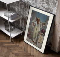 Ancient Greek philosopher holding pyramid poster in a black frame leaning beside a shelf in a raw-plaster loft