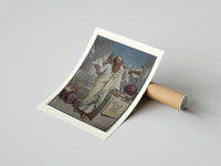 Rolled Ancient Greek philosopher holding pyramid poster beside its crush-resistant kraft shipping tube