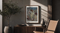 Ancient Greek philosopher holding pyramid poster framed above a fluted sideboard beside an olive tree