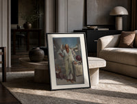 Ancient Greek philosopher holding pyramid print in a black frame leaning on a travertine table in a sunlit lounge