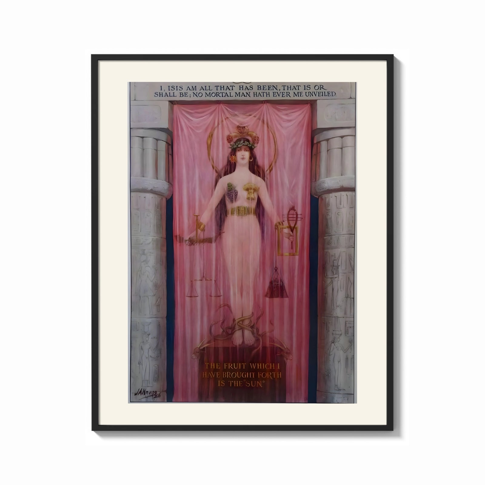 Framed Egyptian goddess Isis unveiled print shown as a bold statement piece on a clean gallery wall