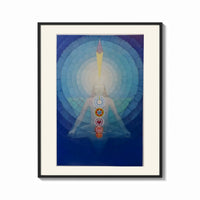 Framed Meditating figure with chakra symbols print shown as a bold statement piece on a clean gallery wall
